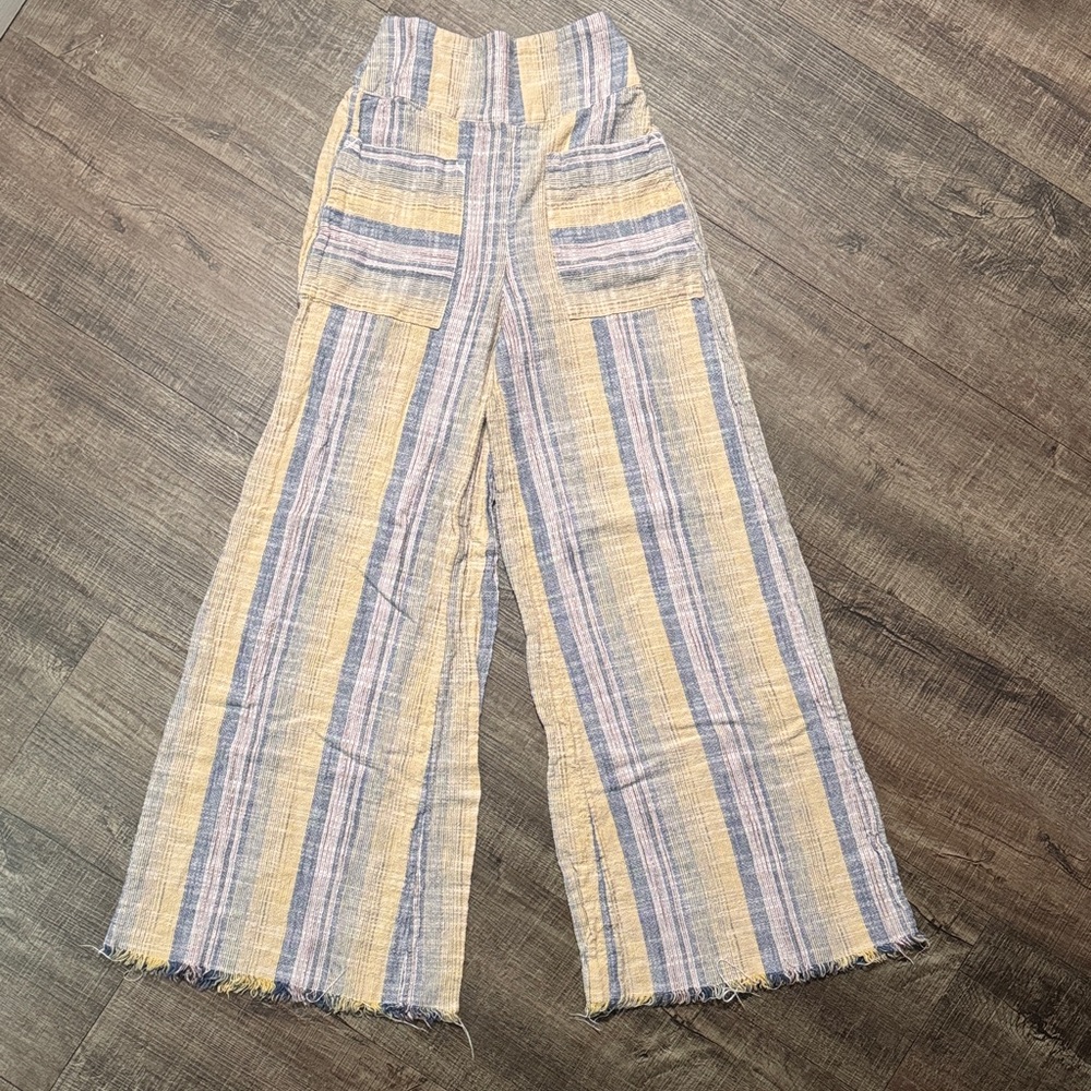 Free People Day’s End Wide Leg Striped Linen-Blend Pants- blue/tan